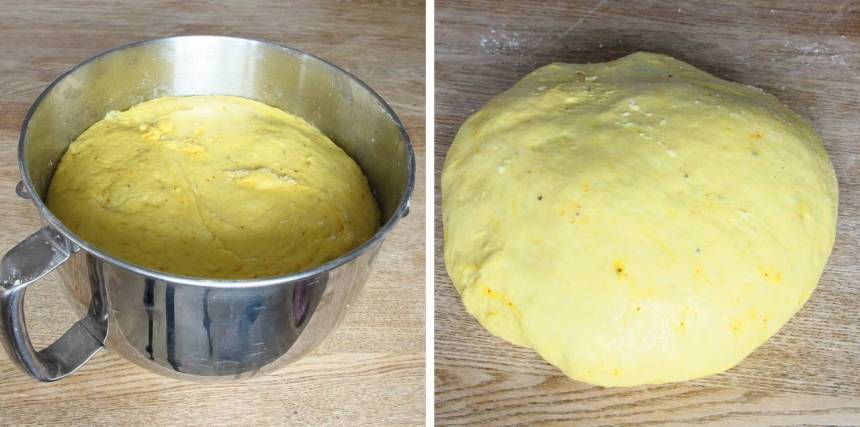 2. Smula ner jästen i en bunke. Tillsätt mjölken och blanda tills jästen lösts upp. Tillsätt strösocker, salt, ägg, smör och mjöl, lite i taget. Knåda degen kraftigt i några minuter. Låt den jäsa under bakduk i ca 45 min.