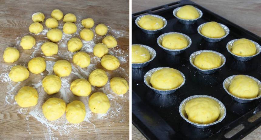3. Knåda igenom degen och dela den i ca 30 bitar. Forma släta bullar och lägg dem i aluminiumformar ställda på en plåt (vanliga pappersformar funkar också).