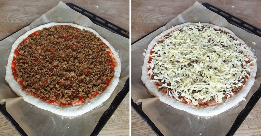 4. Strö över tacoköttfärsen och riven ost. Strö över oregano. Låt pizzan jäsa under bakduk i ca 20 min. Sätt ugnen på 250 grader varmluft.