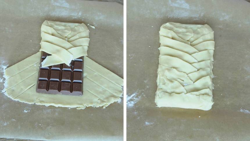 4. Vik översta kanten över chokladkakan. Fläta ihop flikarna ovanpå chokaldkakan och vik upp den undre kanten.