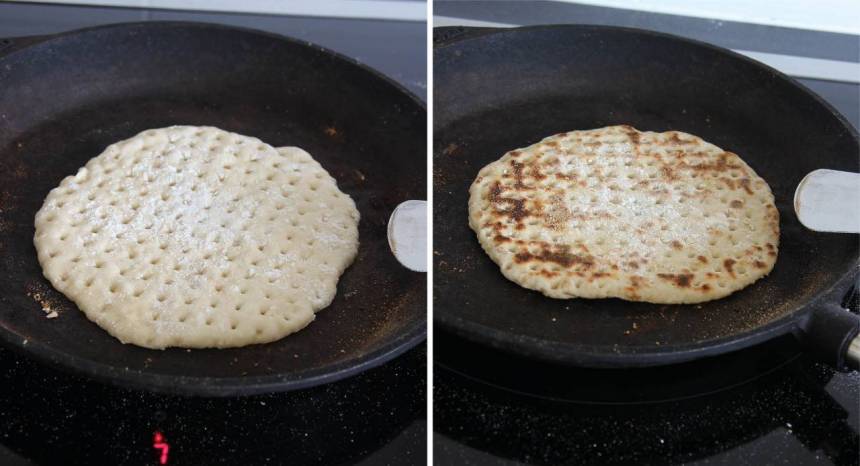 5. Värm upp en stekpanna, helst i gjutjärn på hög medelvärme. Pudra lite vetemjöl i stekpanna (det ska inte vara något fett i den). Vänd brödet när det får bruna fläckar, ca 1 ½ min per sida. Anpassa värmen hela tiden så att brödet inte bränns. Tänk på att värmen varierar på olika spisar och då kan gräddningstiden, den kan variera några sekunder eller någon minuter mer eller mindre.
