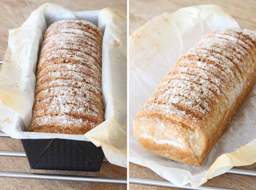 5. Grädda brödet längst ner i ugnen i 30–35 min. Sänk värmen till 225 grader när du sätter in brödet. Låt limpan svalna i formen.