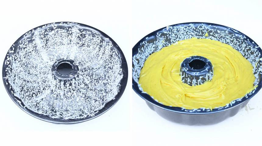 2. Smörj och bröa en sockerkaksform, ca 1 ½ liter, med riven kokos eller ströbröd. Häll smeten i formen.
