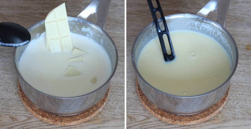 2. Koka upp vispgrädde och mjölk i en kastrull. Ta bort den från värmen. Krama ur gelatinet så överflödigt vatten försvinner. Rör ner gelatinet i gräddmjölken och blanda ordentligt. Tillsätt den vita chokladen i bitar och rör om till en jämn smet.