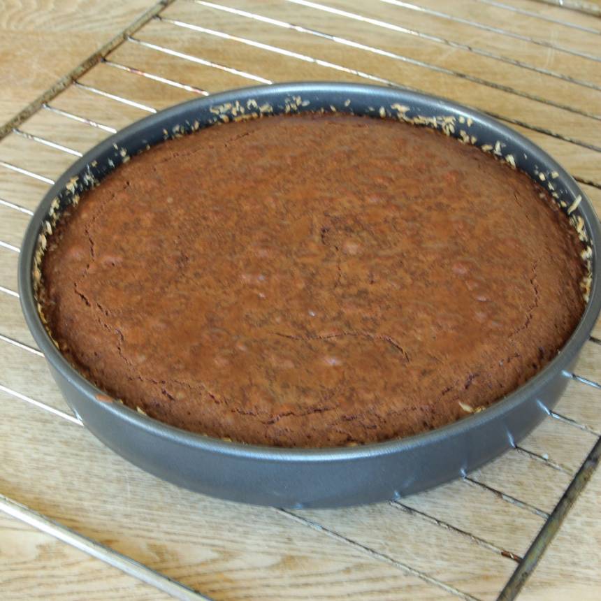 3. Grädda kakan mitt i ugnen i 22–30 min beroende på hur kladdig du vill ha den. Låt den kallna i formen. Bred ut Nutella på toppen och strö över kokos när den kallnat.