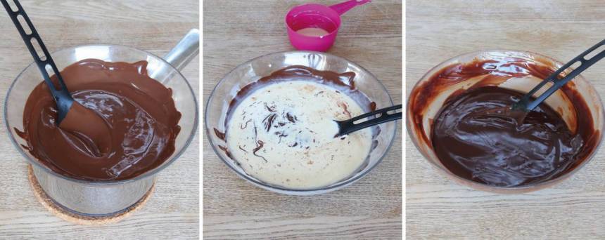 7. Chokladganache: Smält chokladen över vattenbad. Ta bort tallriken från kastrullen och rör ner vispgrädden. Blanda ordentligt till en slät chokladsmet.