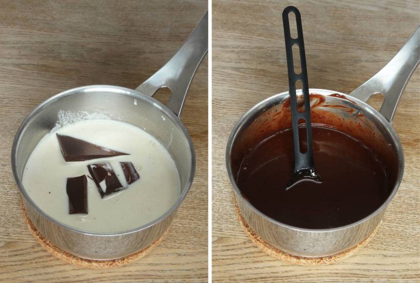 1. Värm upp hälften av vispgrädden i en kastrull. Bryt ner chokladen i bitar och smält den i grädden. Stäng av värmen direkt när det börjar bubbla. Låt blandningen kallna helt.
