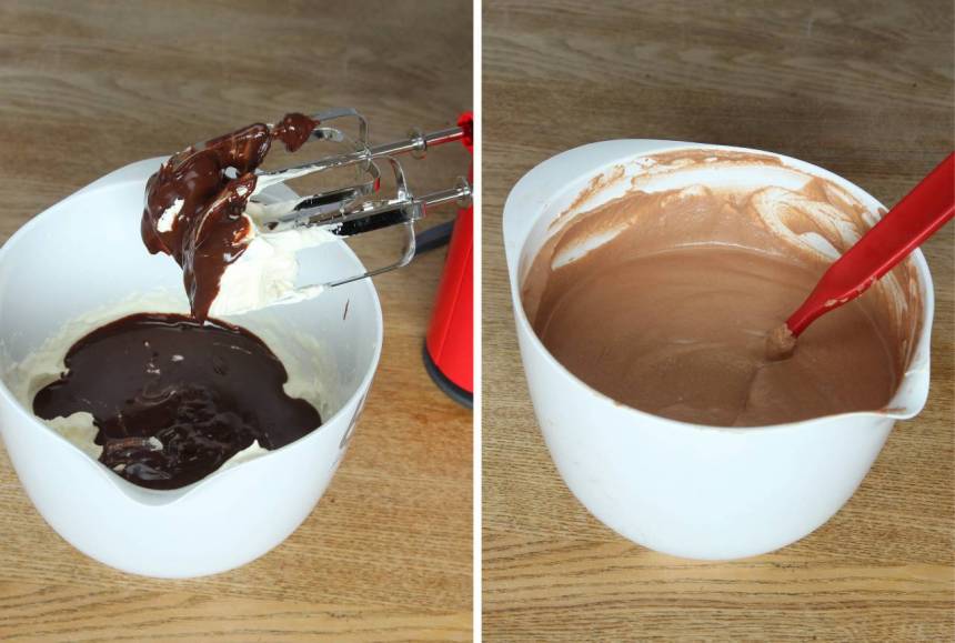 3. Häll ner den kalla chokladgrädden i den vispade grädden. Vispa till en mousse, men inte för länge för då blir moussen gryning.