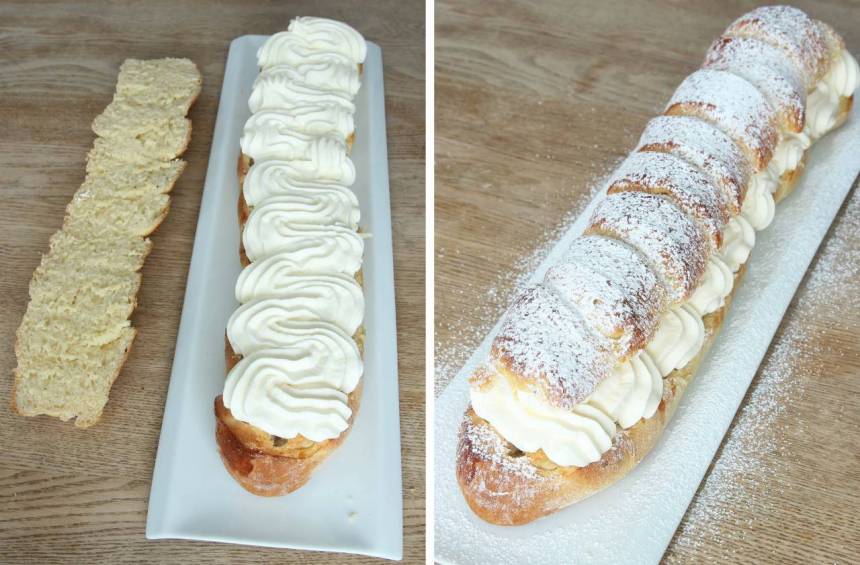 8. Vispa grädden och bred ut eller spritsa den på botten. Sätt på locket. Pudra över florsocker före servering.