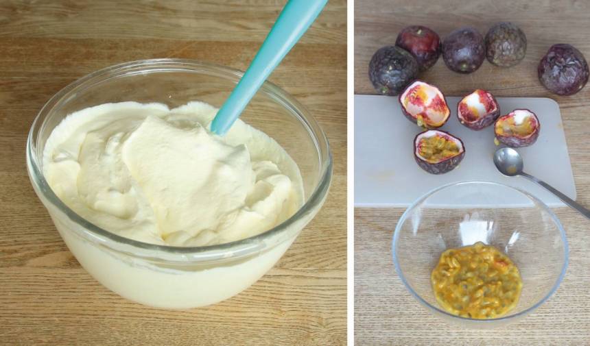 3. Vispa grädden fluffig. Blanda ner den kondenserade mjölken, färskosten och citronskal. Gröp ur passionsfrukterna och blanda dem i gräddblandningen (spar lite till garnering).