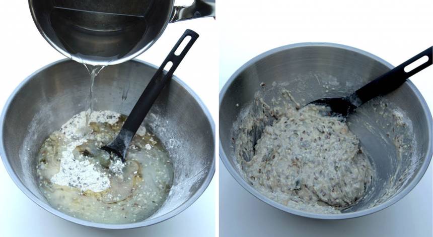 2. Koka upp vattnet och häll ner rapsoljan. Häll vätskan över fröblandningen och blanda ihop allt till en kladdig, lite geléaktig deg.
