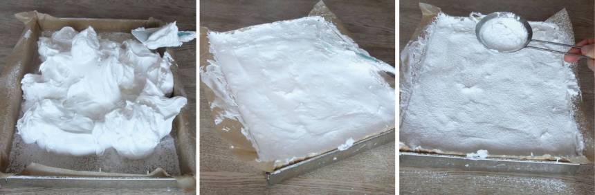 6. Bred ut smeten i formen med en slickepott. Pudra florsocker ovanpå och täck formen med aluminiumfolie. Låt den stå i rumstemperatur i ca 5–8 tim.