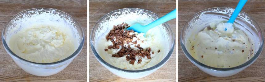 5. Vispa grädden fluffig ihop med vaniljsockret. Blanda ner 2/3 av Daimen i grädden (spar 1/3 till garnering).