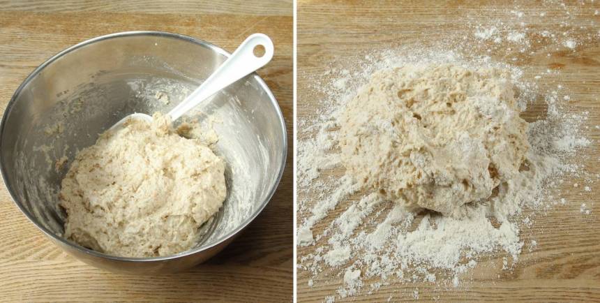 1. Sätt ugnen på 250 grader. Nyp ihop smöret med de torra ingredienserna. Tillsätt mjölken och blanda ihop allt till en kladdig deg. Rulla den kladdiga degen ett varv i vetemjöl så den inte klibbar fast på bordet och i händerna.