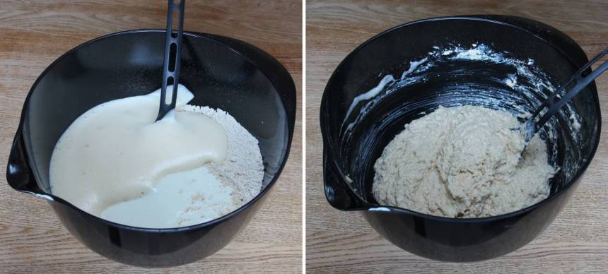 3. Blanda de mixade havregrynen, bikarbonat och salt i en bunke. Tillsätt äggen och filmjölk och rör ihop allt till en kladdig deg.
