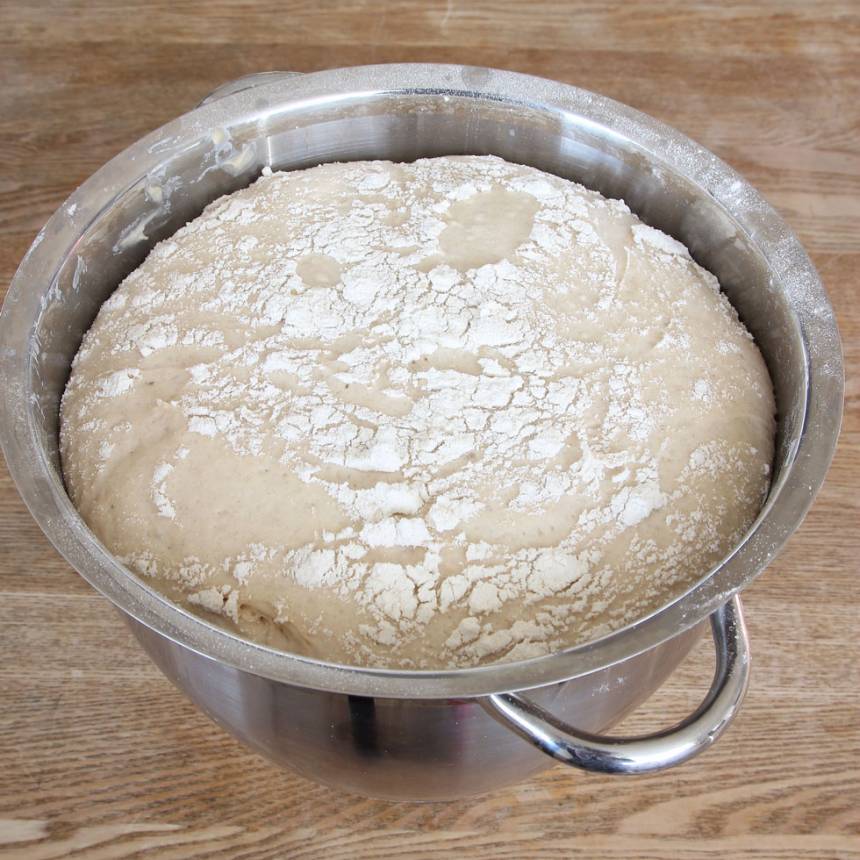 1. Smula ner jästen i en bunke. Tillsätt mjölken och blanda tills jästen lösts upp. Tillsätt rapsolja, salt, vetemjöl och rågsikt, lite i taget. Blanda ihop allt till en kladdig deg och kör den i en hushållsmaskin i ca 5 min. Det går att knåda degen för hand, i ca 10 min, men det är väldigt kladdigt. Tillsätt inte extra mjöl. Det är viktigt att knåda den länge så glutentrådarna blir starka. Låt degen jäsa under bakduk i ca 1 tim.