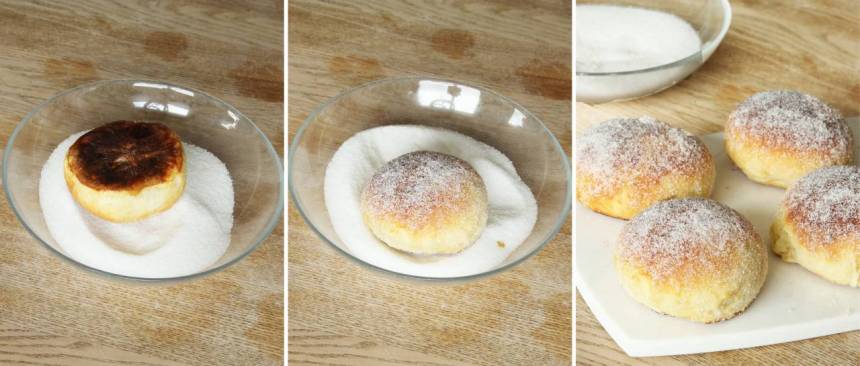 7. Pensla bullarna med smält smör medan de fortfarande är ljumna. Doppa dem i strösocker och låt dem kallna. De bullar som inte ska ätas direkt kan frysas in och garneras med socker senare.