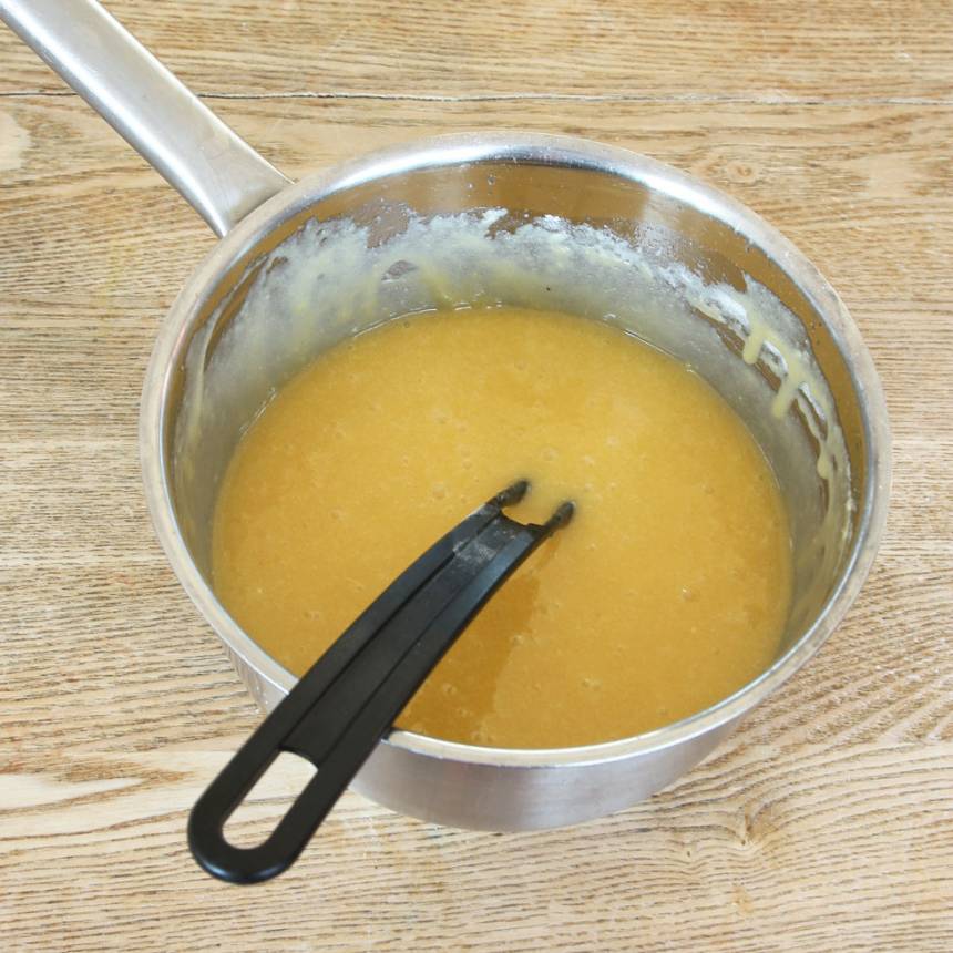 1. Sätt ugnen på 180 grader. Smält smöret i en kastrull. Ta bort den från värmen och låt smöret svalna något. Tillsätt resten av ingredienserna i kastrullen och rör ihop allt till en slät smet.
