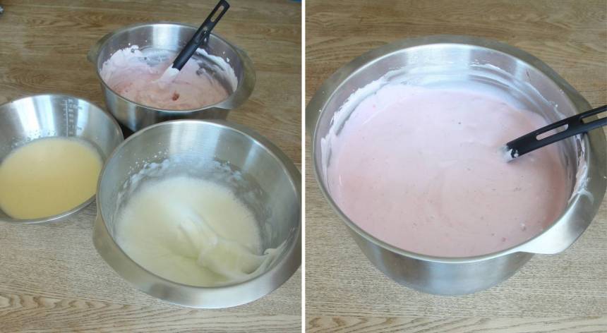 8. Blanda ihop de tre smeterna i bunkarna, äggulan, äggvitan och jordgubbsgrädden.