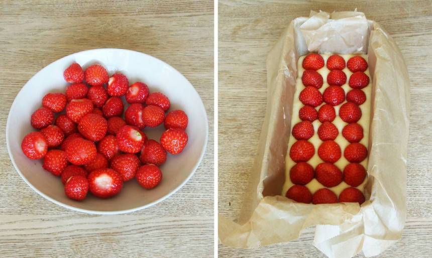 3. Lägg jordgubbarna på smeten och strö eventuellt över lite strösocker. (Dela jordgubbarna i mindre bitar om de är stora).