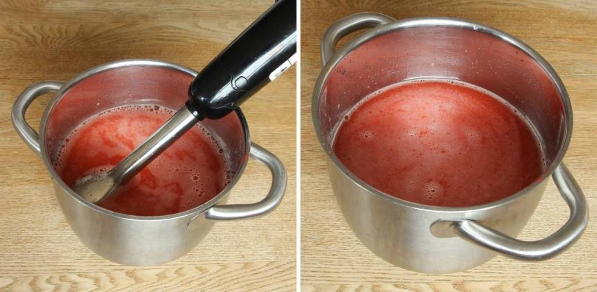 3. Blanda vatten, de mixade jordgubbarna och pressa ner apelsinsaft från apelsinen. (Bestäm själv hur mycket apelsinsmak du vill ha, tillsätt lite i taget). Apelsinen går att utesluta. Mixa lite extra i lemonaden med en mixerstav. Förvara saften i en flaska med kork i kylen. Den håller i ett par dagar.