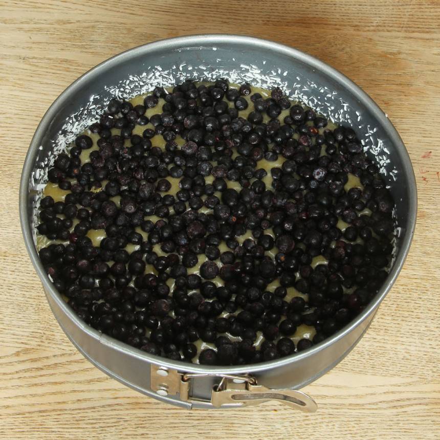 3. Häll smeten i en smord och bröad springform, 23-24 cm i diameter (bröa med kokos eller ströbröd). Blanda blåbären med potatismjöl och strö dem över smeten.
