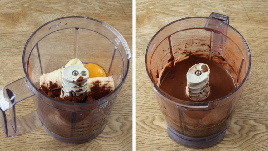 1. Bryt bananen i bitar och blanda den med ägg och kakao. Tillsätt ev. en nypa salt för att framhäva smaken. Mixa ihop alla ingredienser med en stavmixer eller i en mixer med knivar, till en slät smet.