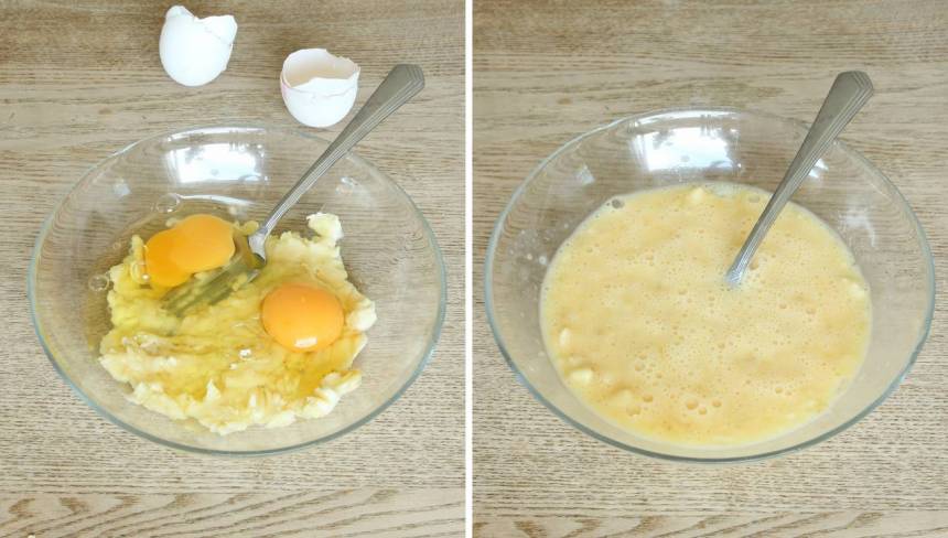 3. Knäck äggen och blanda ihop dem med bananen. Tillsätt eventuellt en nypa salt för att förhöja smaken, men det går bra även utan. Blanda ihop allt ordentligt.