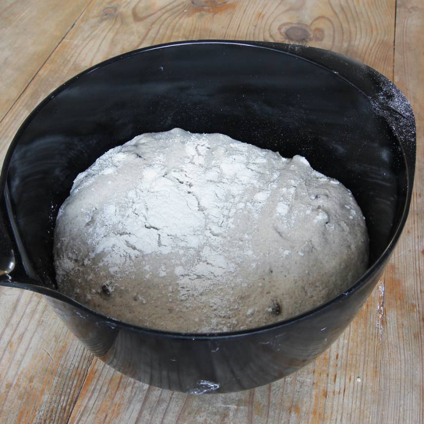 1. Smula ner jästen i en bunke. Tillsätt mjölk och blanda tills jästen lösts upp. Tillsätt salt, rågsikt och vetemjöl, lite i taget. Blanda ihop allt till en smidig deg och knåda den i några minuter. Knåda sist in russinen i degen. Låt degen jäsa under bakduk i ca 45 min.
