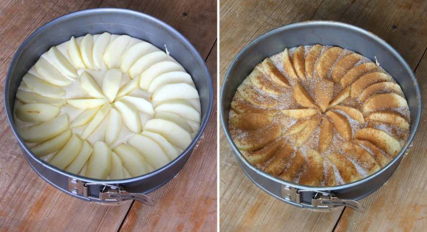 4. Lägg ut klyftorna i två cirklar ovanpå smeten. Pudra över kanel och lite strösocker.