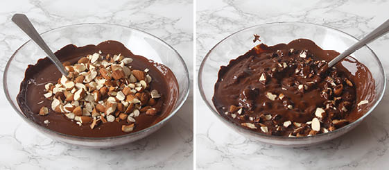 5. Blanda ner sötmandeln i den smälta chokladen.