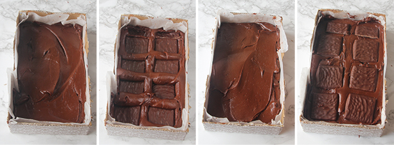 3. Bred ut ett tunt lager fudgesmet i botten på en form, ca 12 x 20 cm, klädd med bakplåtspapper. Lägg ut After Eight-plattor ovanpå. Upprepa i några lager.