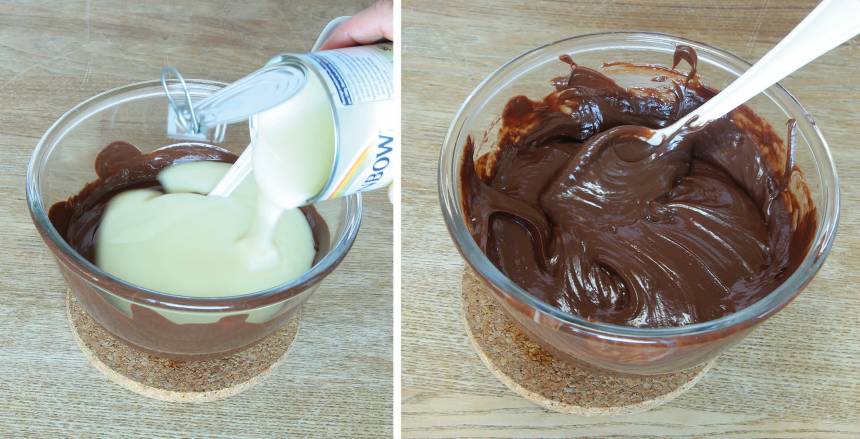 2. Smält chokladen och smöret i en skål över vattenbad. Tillsätt den kondenserade mjölken och rör om ordentligt.