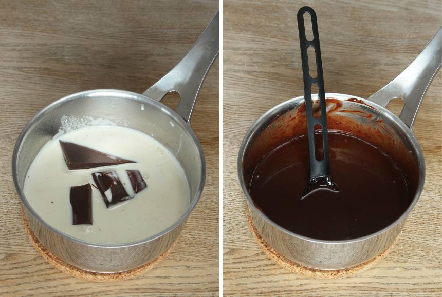 1. Värm upp hälften av vispgrädden (1 ½ dl) i en kastrull. Bryt ner den mörka chokladen i bitar (150 g) och smält den i grädden. Stäng av värmen direkt när det börjar bubbla. Låt blandningen kallna helt.