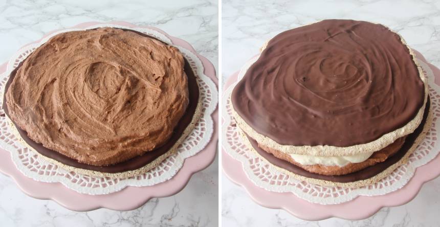 7. Bred ut hälften av chokladgrädden och hälften av vaniljgrädden på den understa bottnen med chokladsidan uppåt. Lägg på nästa botten och bred på resten av chokladgrädden och vaniljgrädden.