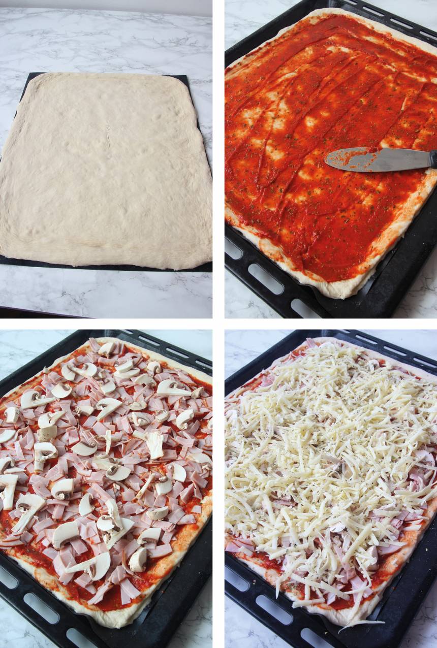3. Kavla eller tryck ut degen med fingrarna på ett bakplåtspapper. Lägg den på en plåt. 4. Bred ut tomatsåsen på degen. 5. Strö över skinka, champinjoner och ost (eller andra valfria ingredienser). Låt degen jäsa i ca 10 min.