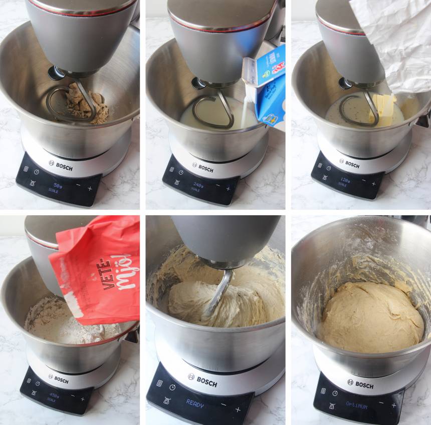 1. Smula ner jästen i en bunke. Tillsätt mjölken och blanda tills jästen lösts upp. Tillsätt strösocker, salt, kardemumma, ägg, smör och vetemjöl. Blanda ihop allt till en smidig deg och knåda den i maskin tills glutentrådarna är starka. Låt degen jäsa under bakduk i ca 45 min.